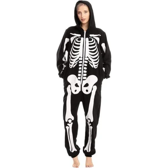 COPY - Adult Skeleton Pajamas with a plush hoodie, perfect for Halloween-themed